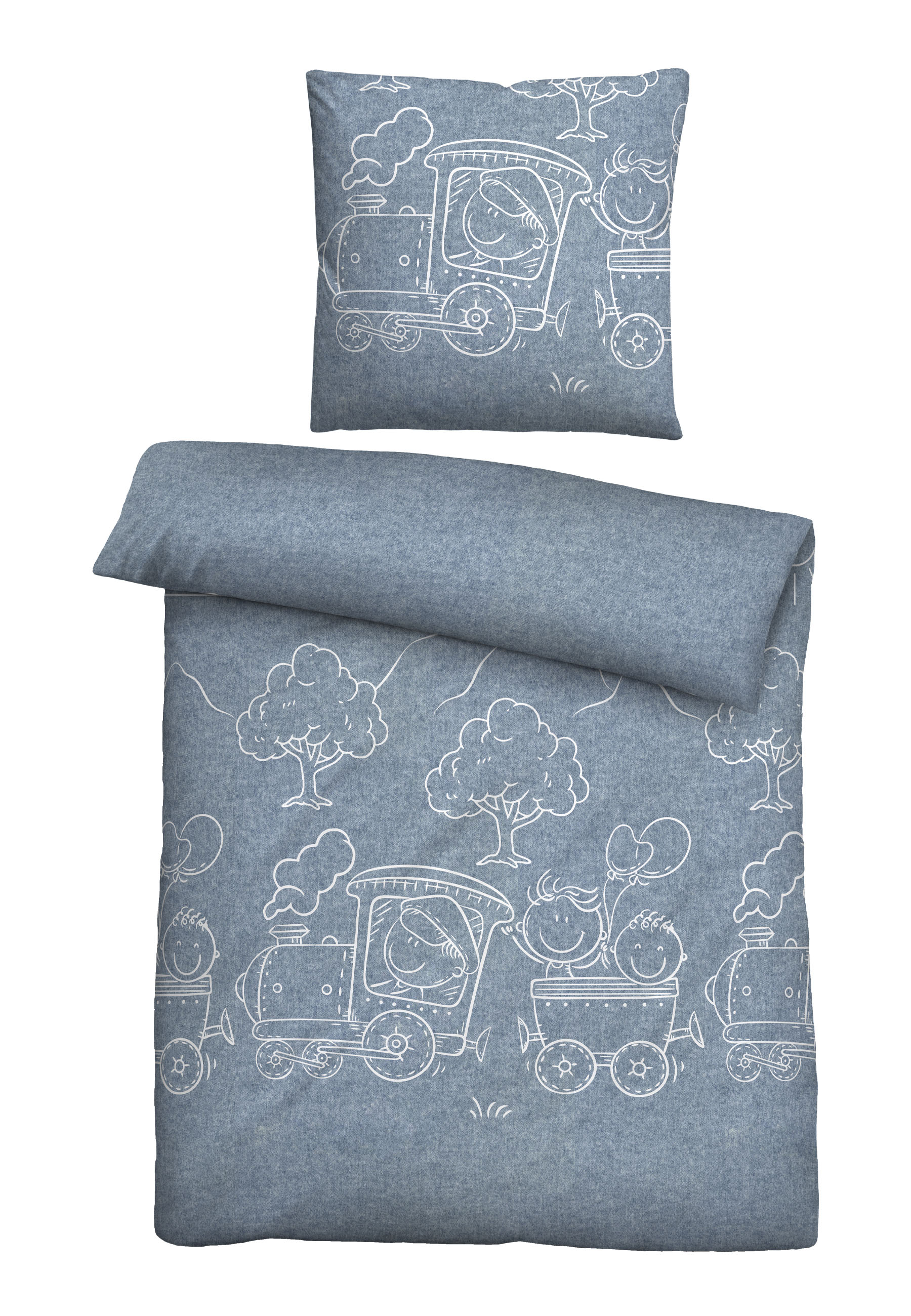 Biberna Melange Flanell-Bettwäsche Lokomotive, Größe 135x200 cm, blau