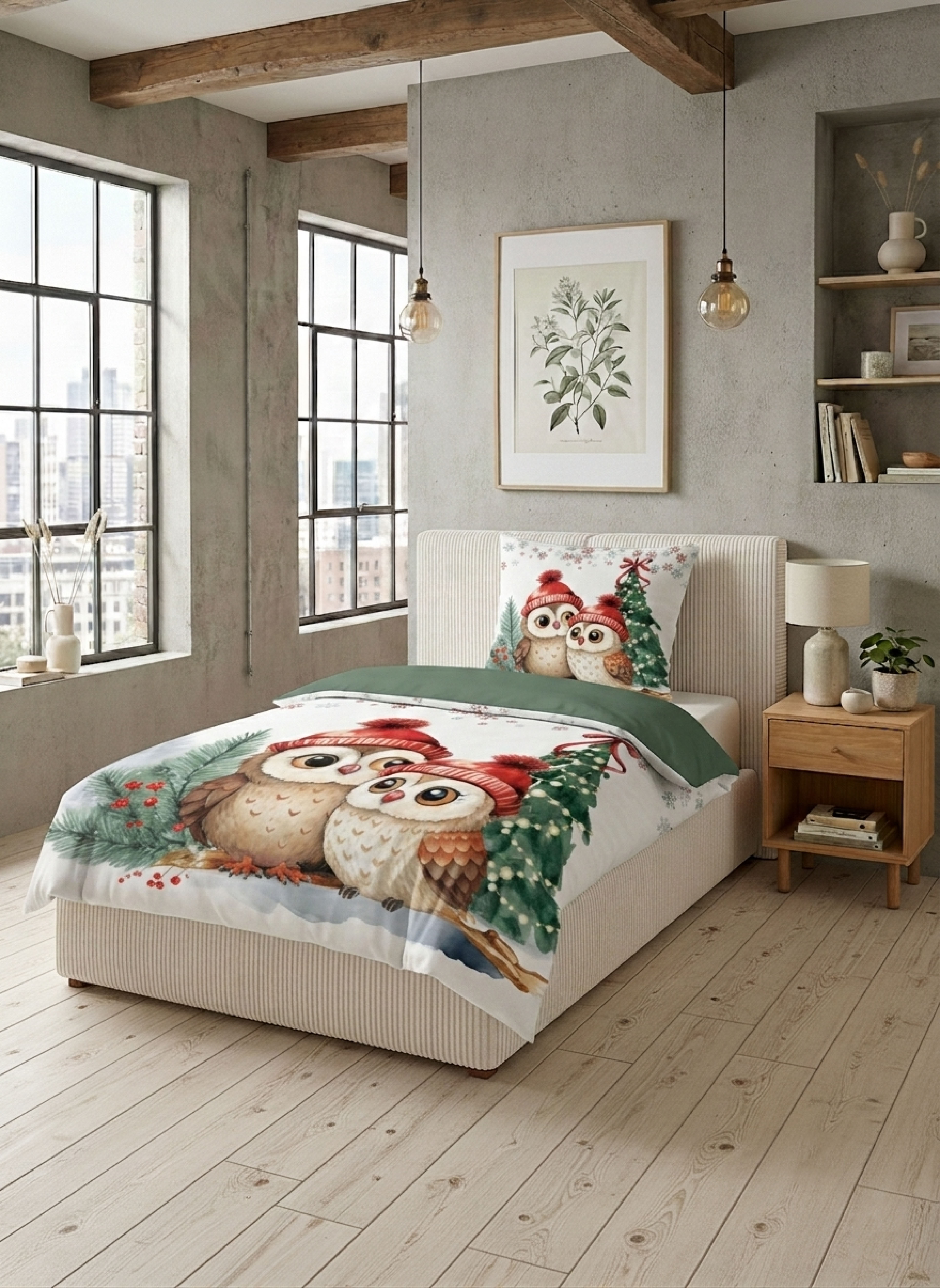 Biberna Eulen an Weihnachten 135x200 cm - tanne, Feinbiber-Bettwäsche