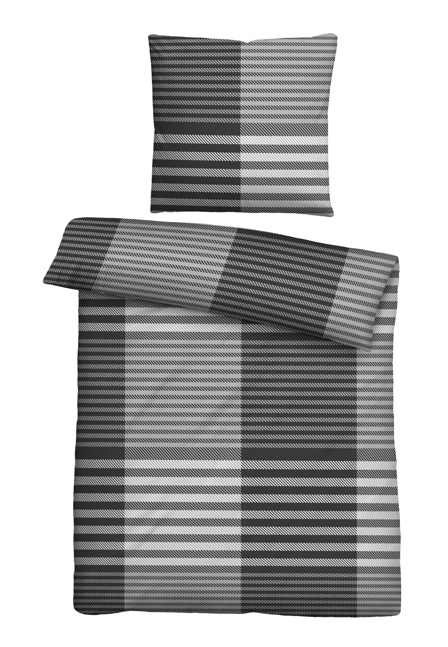 Biberna Feinbiber Bettwäsche Karo-Streifen, 155x220 cm+80x80 cm, silber/grau