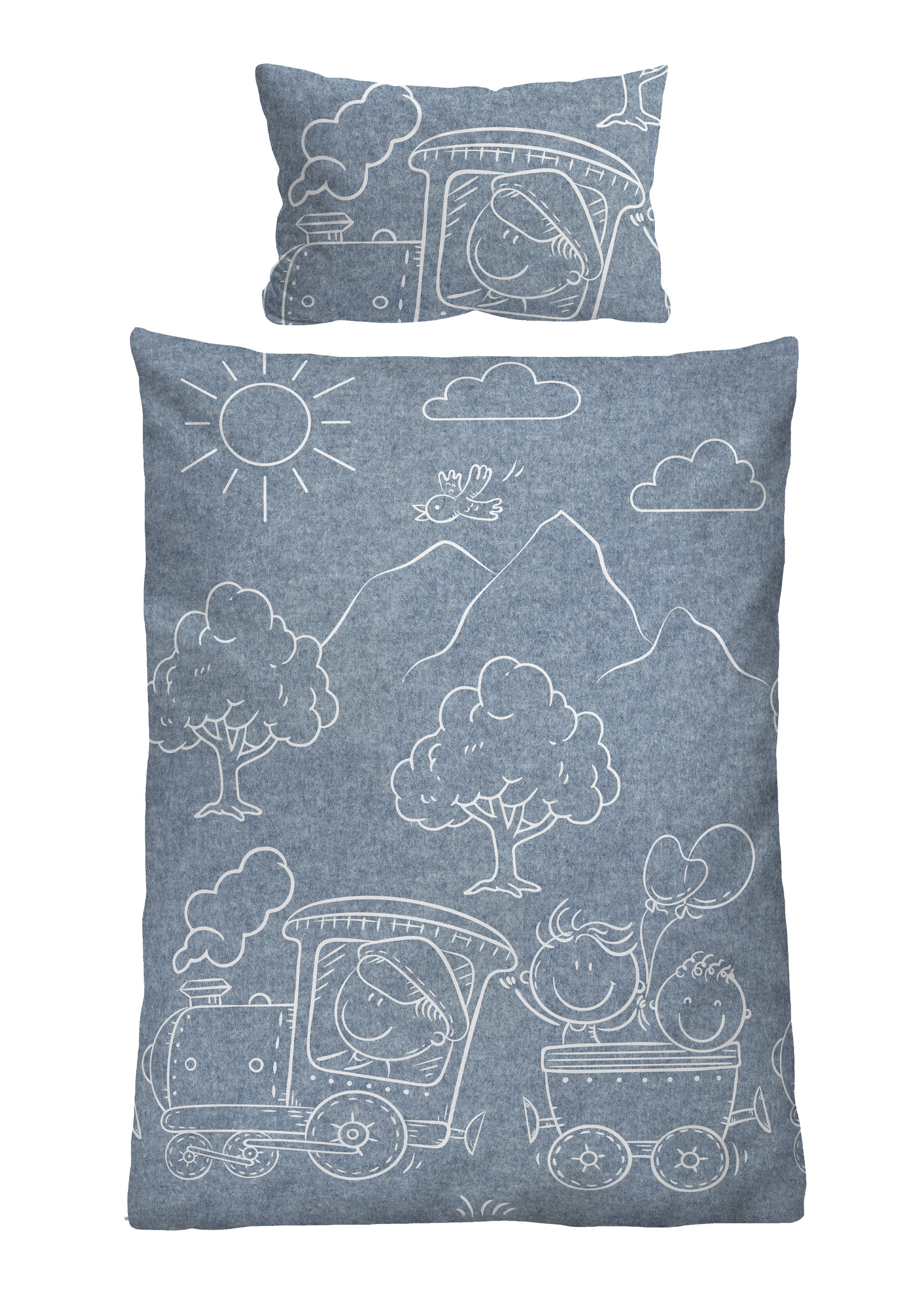 Biberna Melange Flanell-Bettwäsche Lokomotive, Größe 100x135 cm, blau