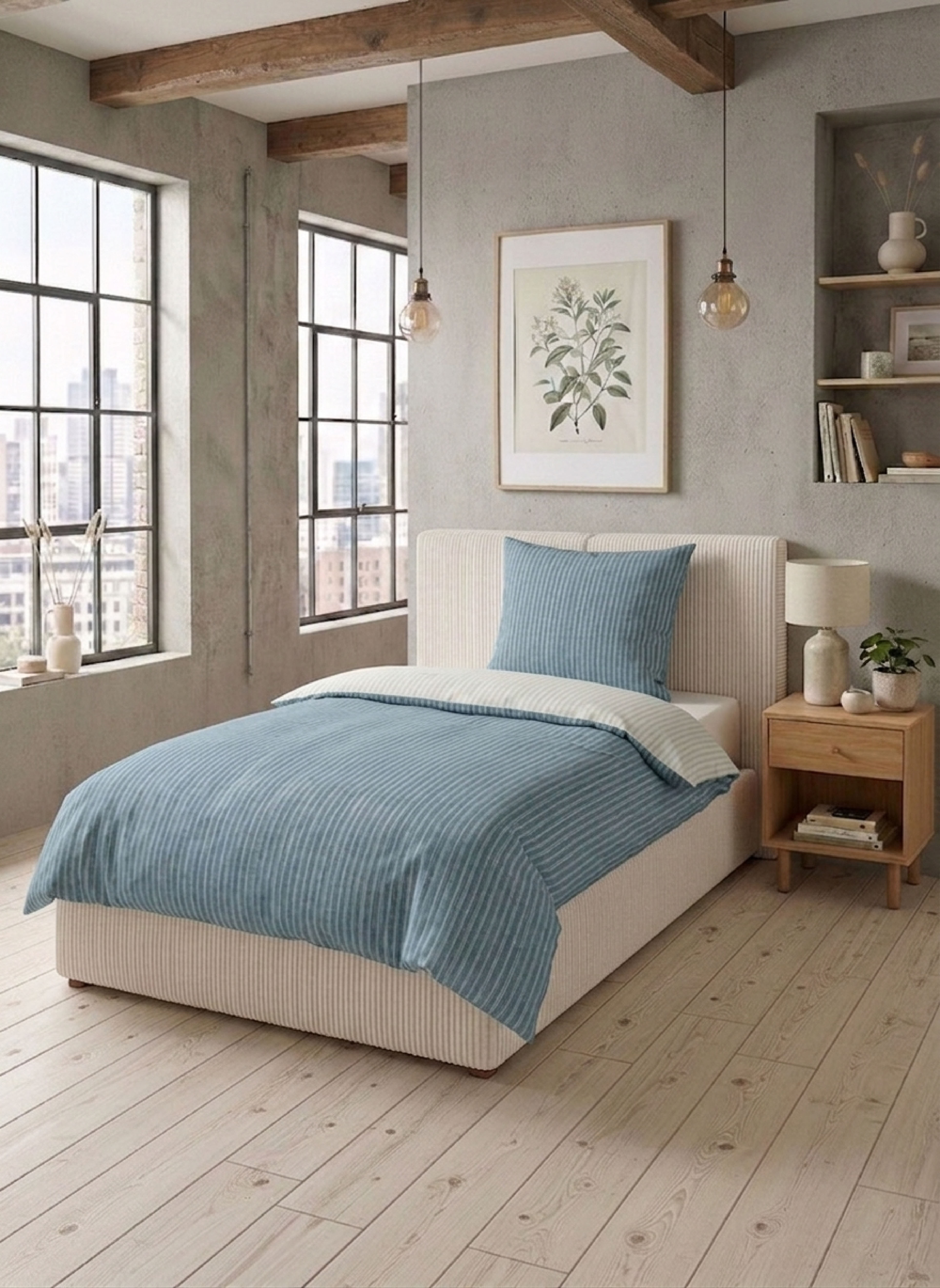 Biberna Wendebettwäsche blau 155x220 cm, Melange-Flanell-Bettwäsche