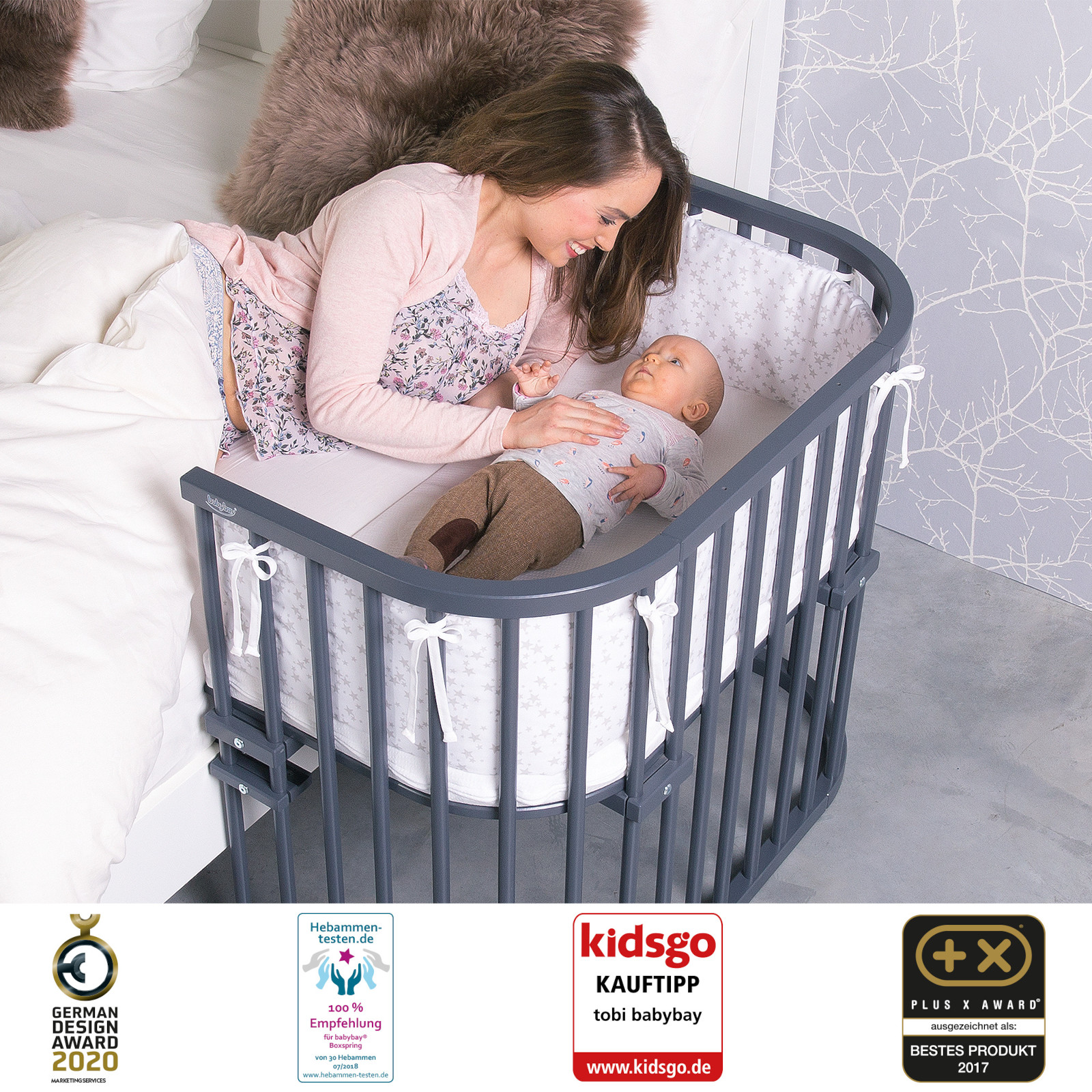babybay Maxi Beistellbett (für Betten mit Rahmen), schiefergrau lackiert