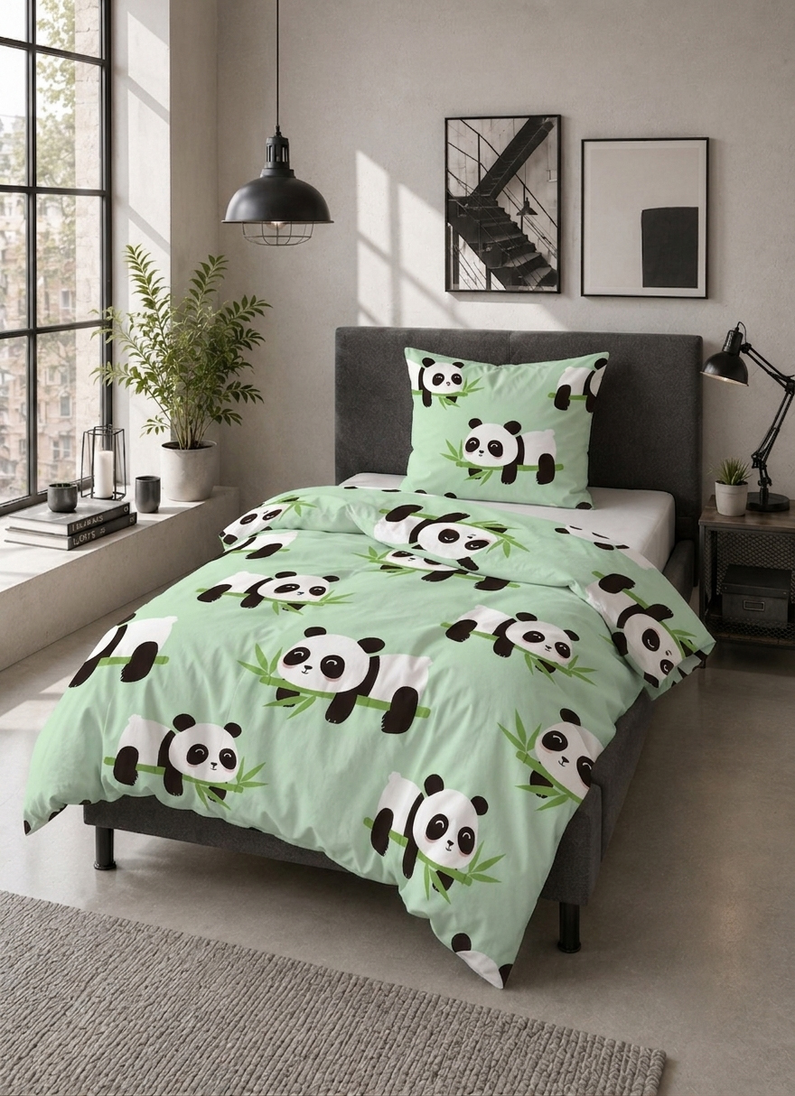 Castell Polar-Fleece Bettwäsche Panda 135x200 cm - mint