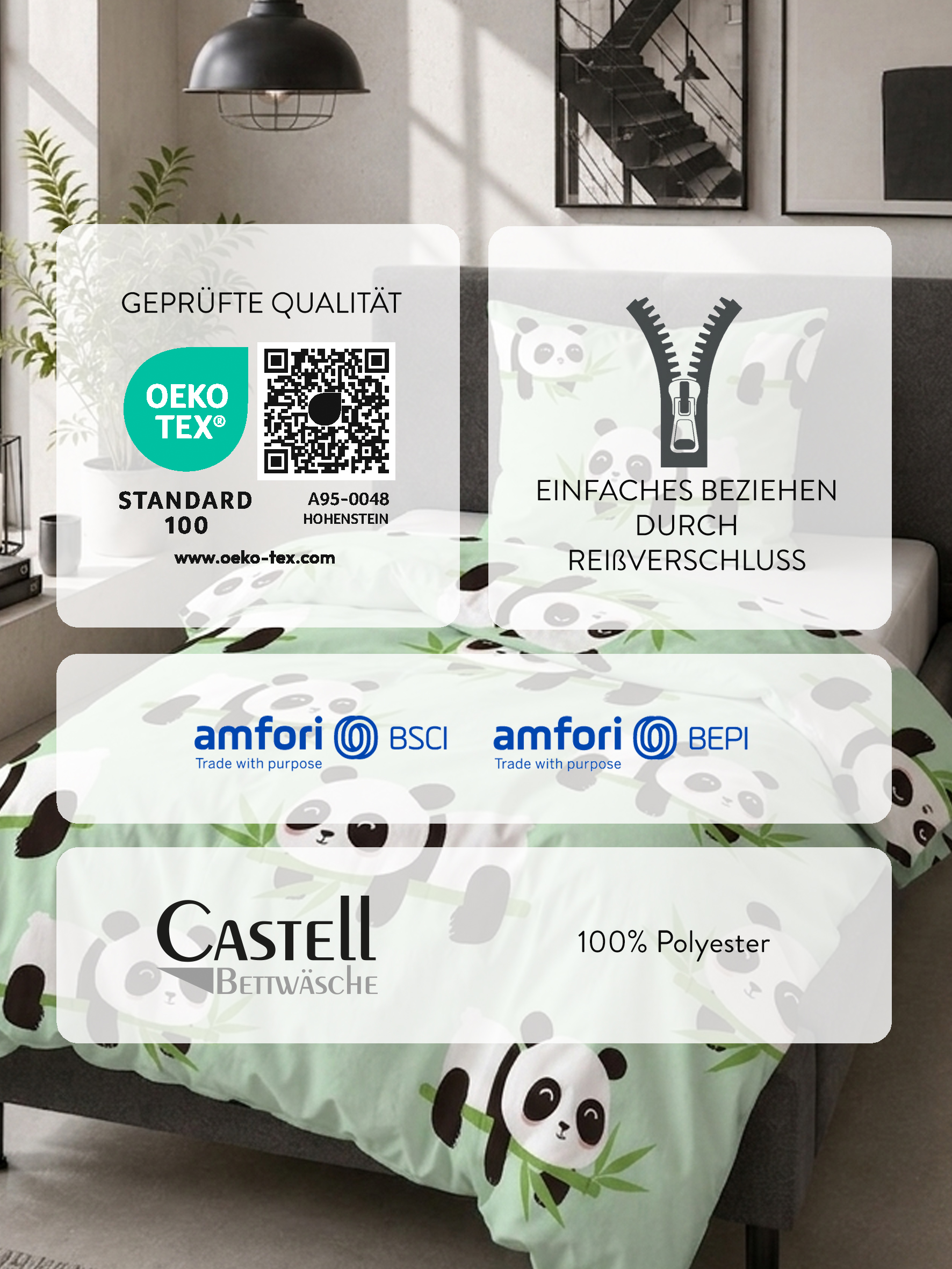 Castell Polar-Fleece Bettwäsche Panda 135x200 cm - mint