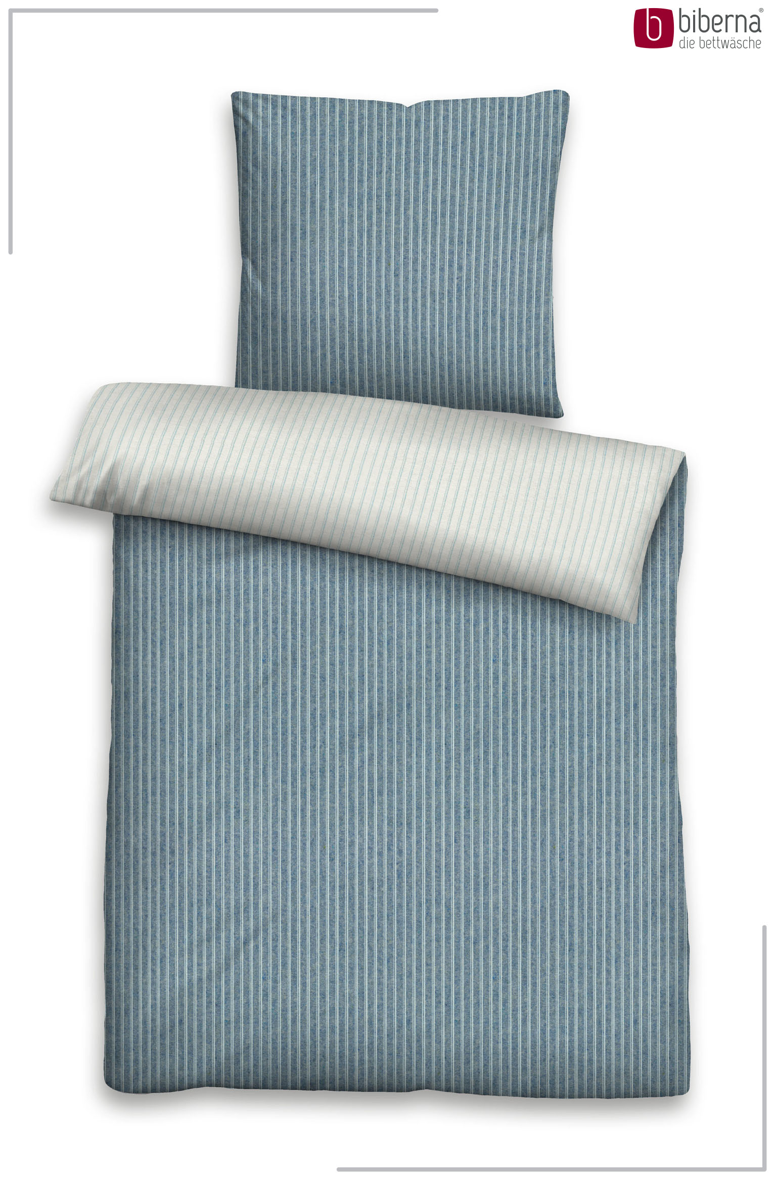 Biberna Wendebettwäsche blau 155x220 cm, Melange-Flanell-Bettwäsche