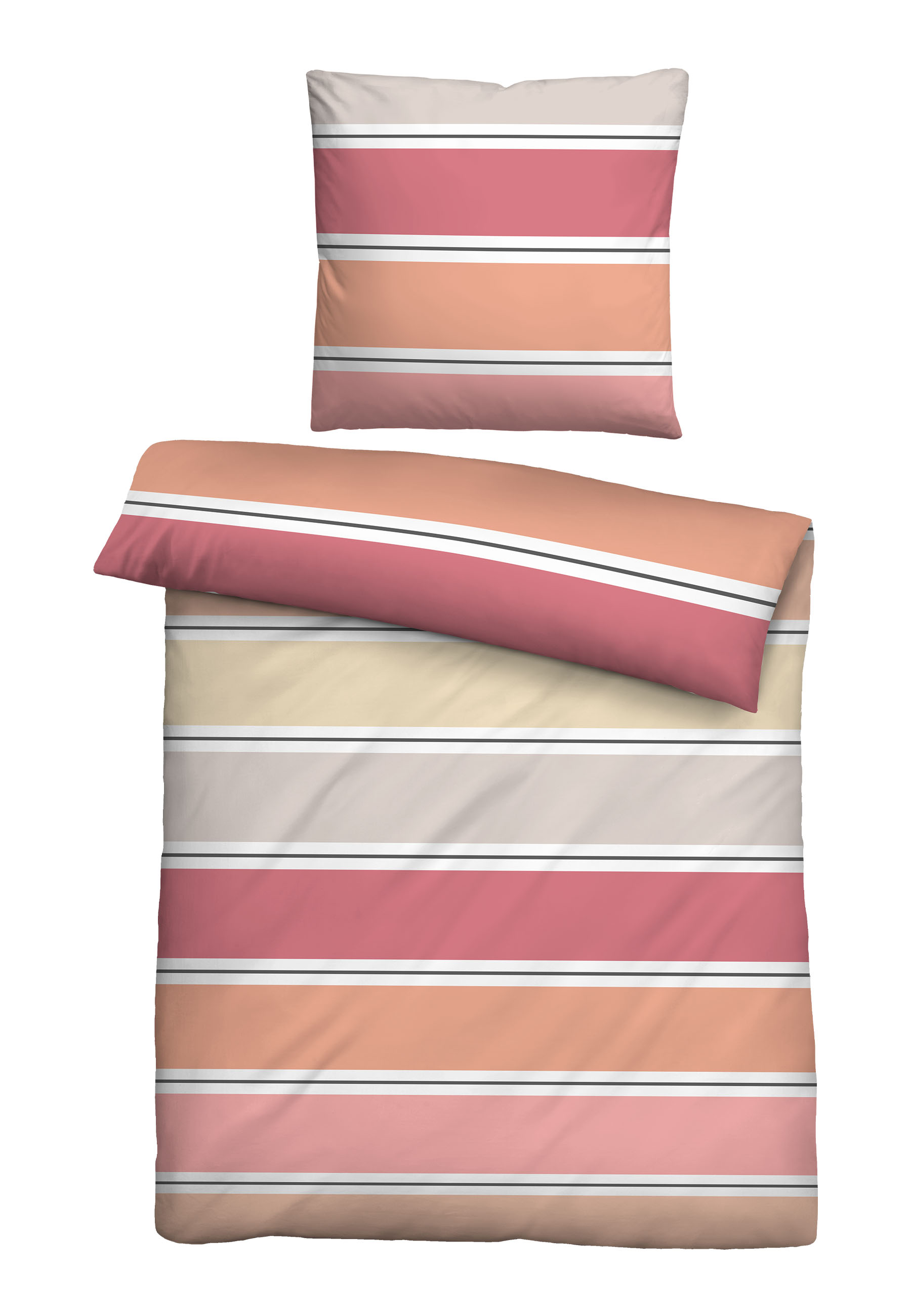 Biberna Seersucker Bettwäsche Querbalken, 135 x 200 cm + 80 x 80 cm, koralle