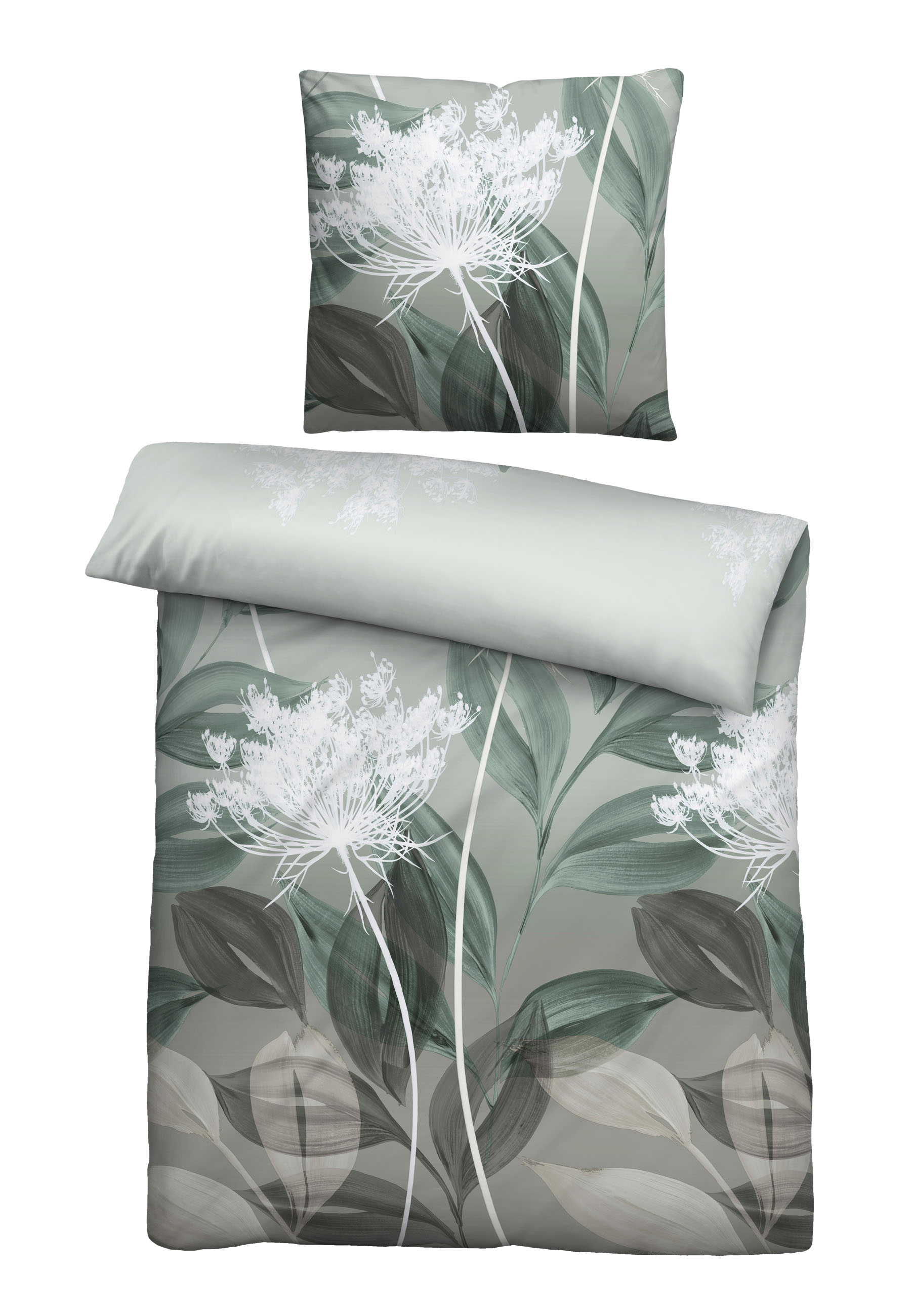 Biberna Feinbiber Bettwäsche Blätterranke, Größe 155x220 cm+80x80 cm, fichte