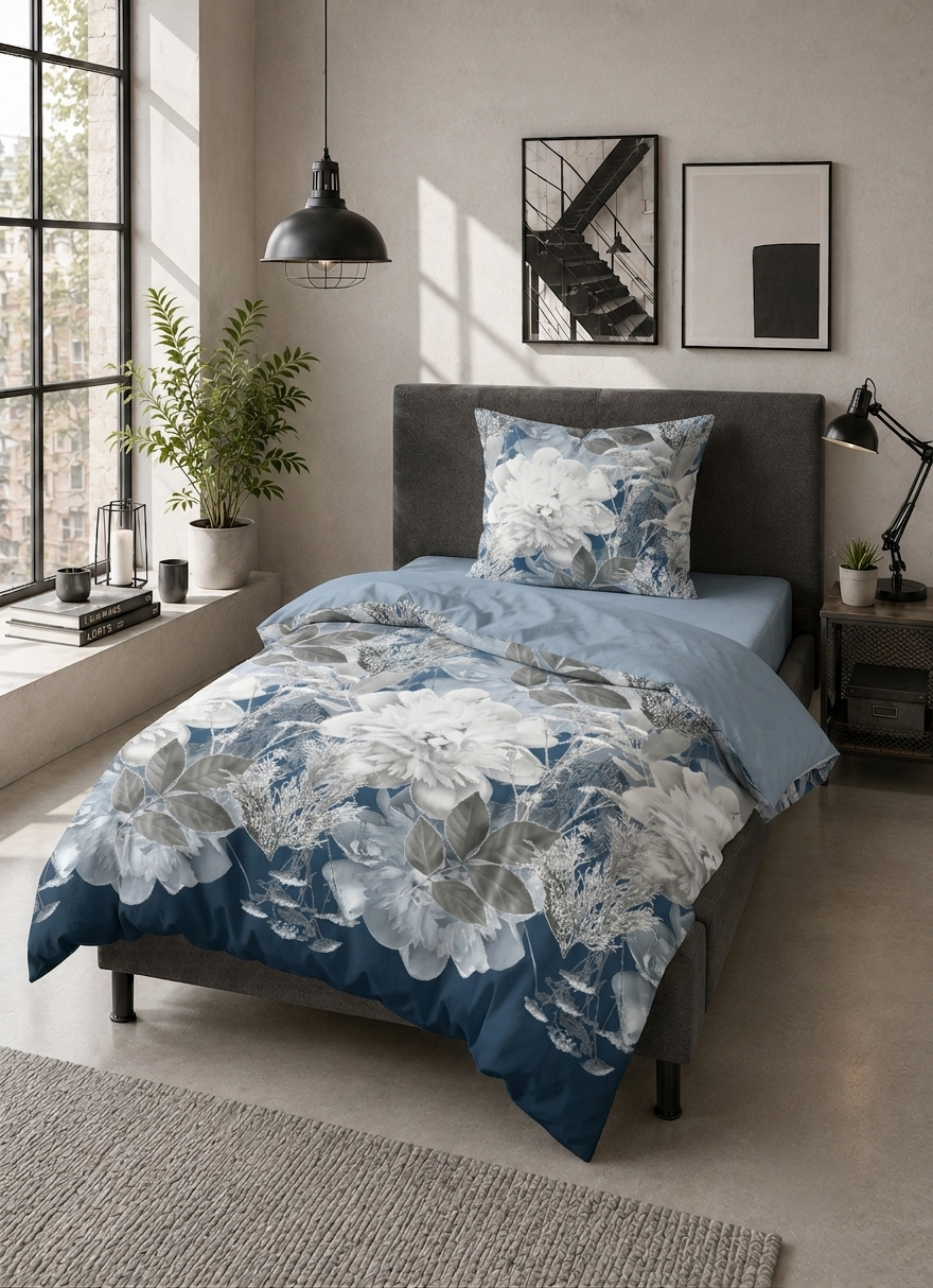 Castell Thermo-Fleece Bettwäsche Blume groß 135x200 cm - eisblau