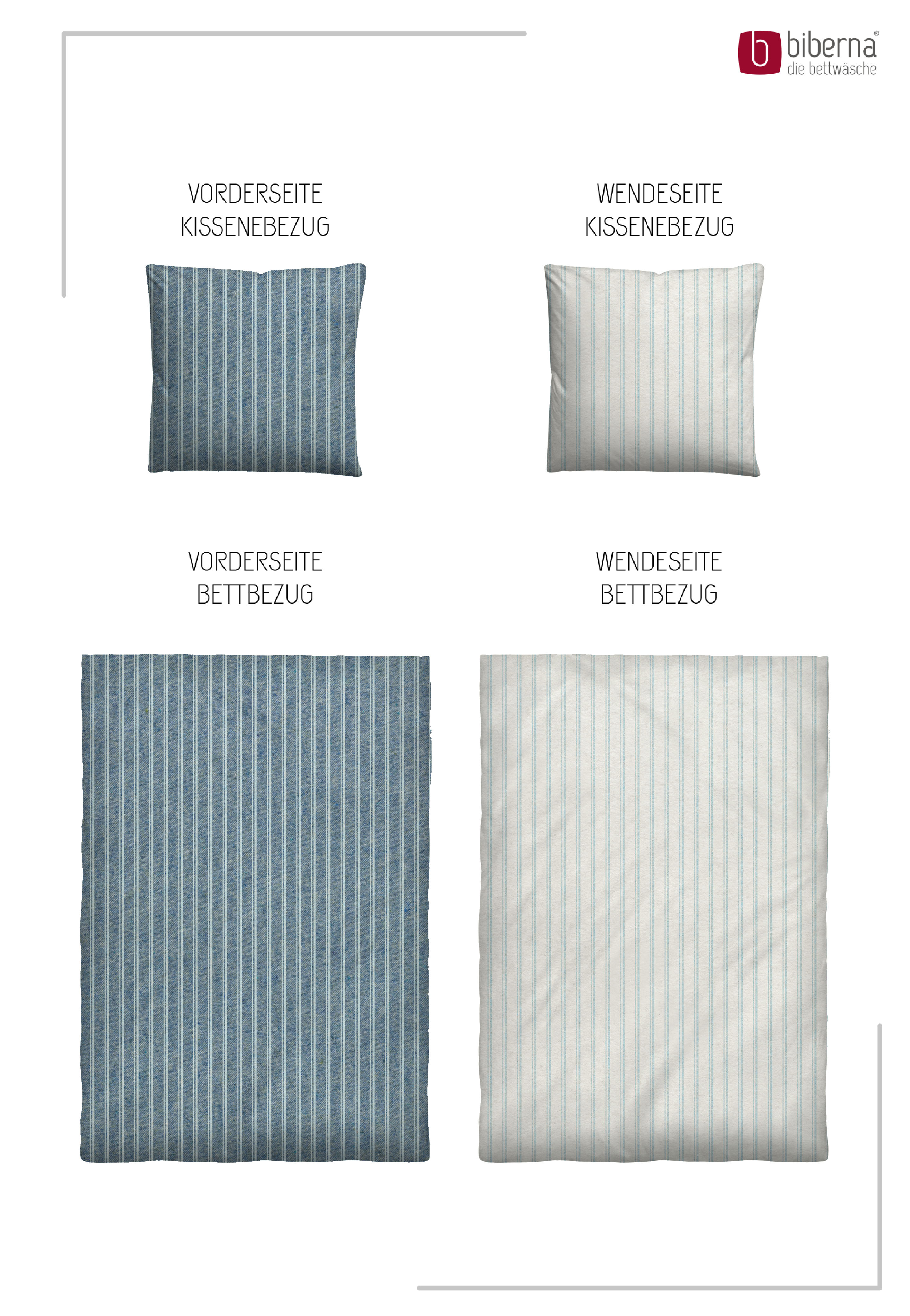 Biberna Wendebettwäsche blau 155x220 cm, Melange-Flanell-Bettwäsche