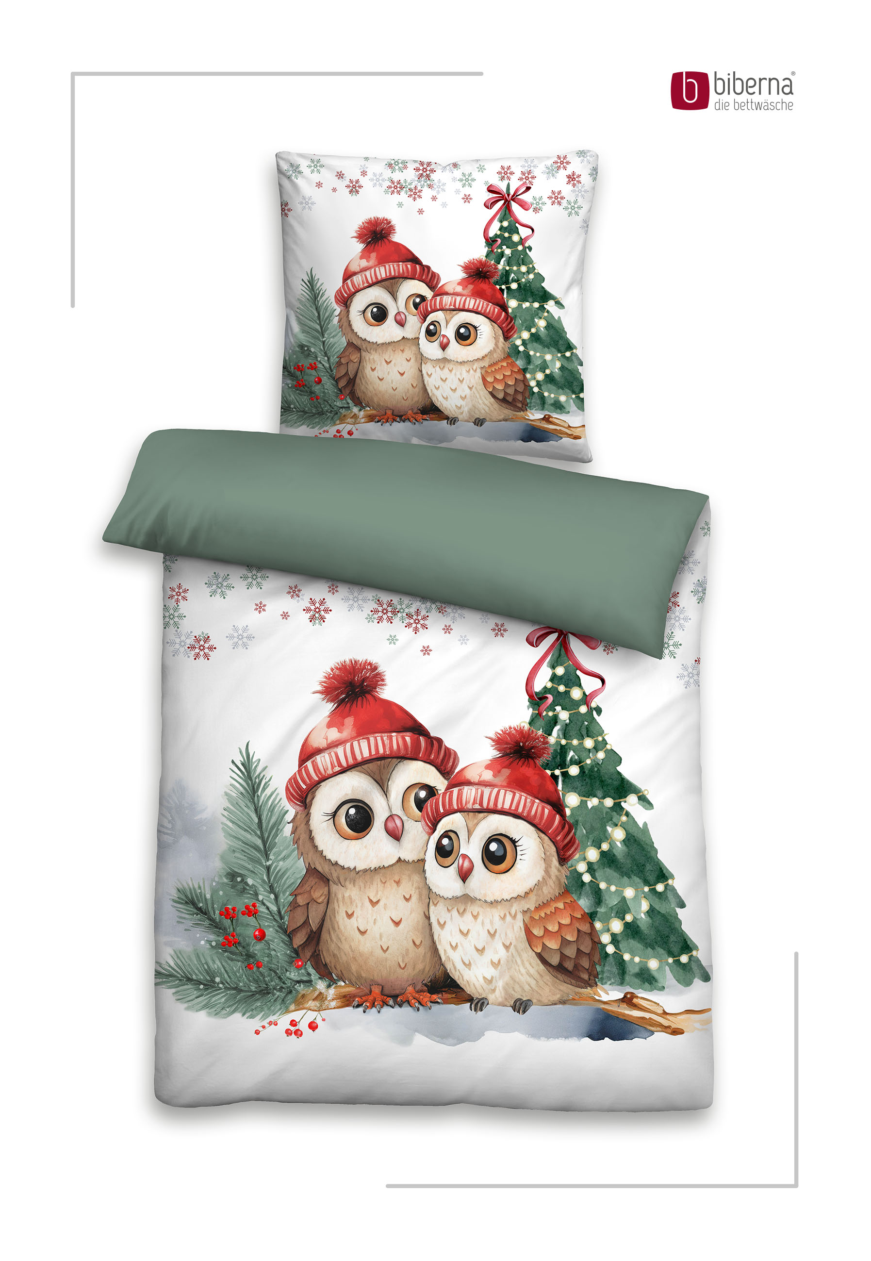 Biberna Eulen an Weihnachten 135x200 cm - tanne, Feinbiber-Bettwäsche