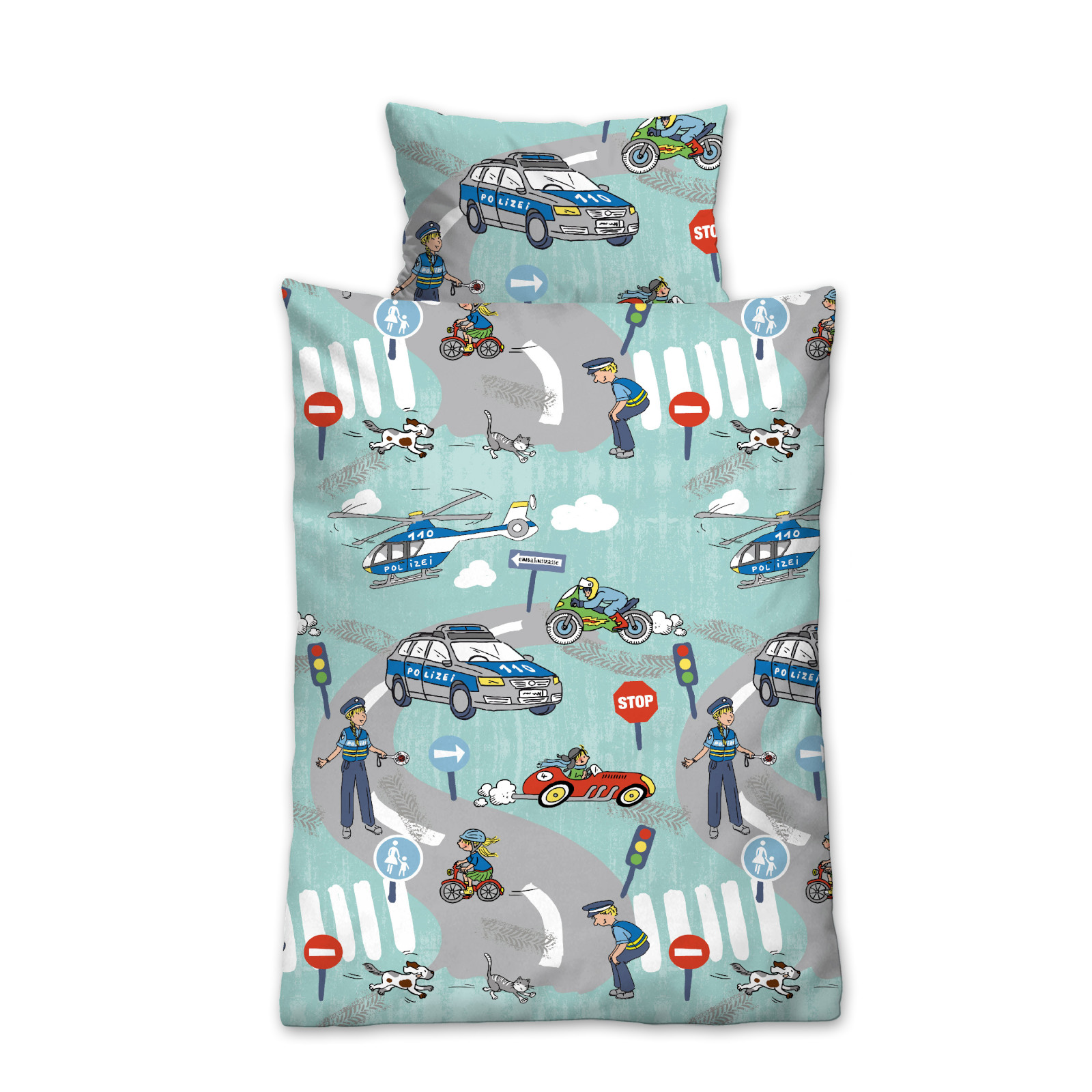 Biberna Feinbiber  Bettwäsche Polizei Größe 135x200/80x80 cm türkis
