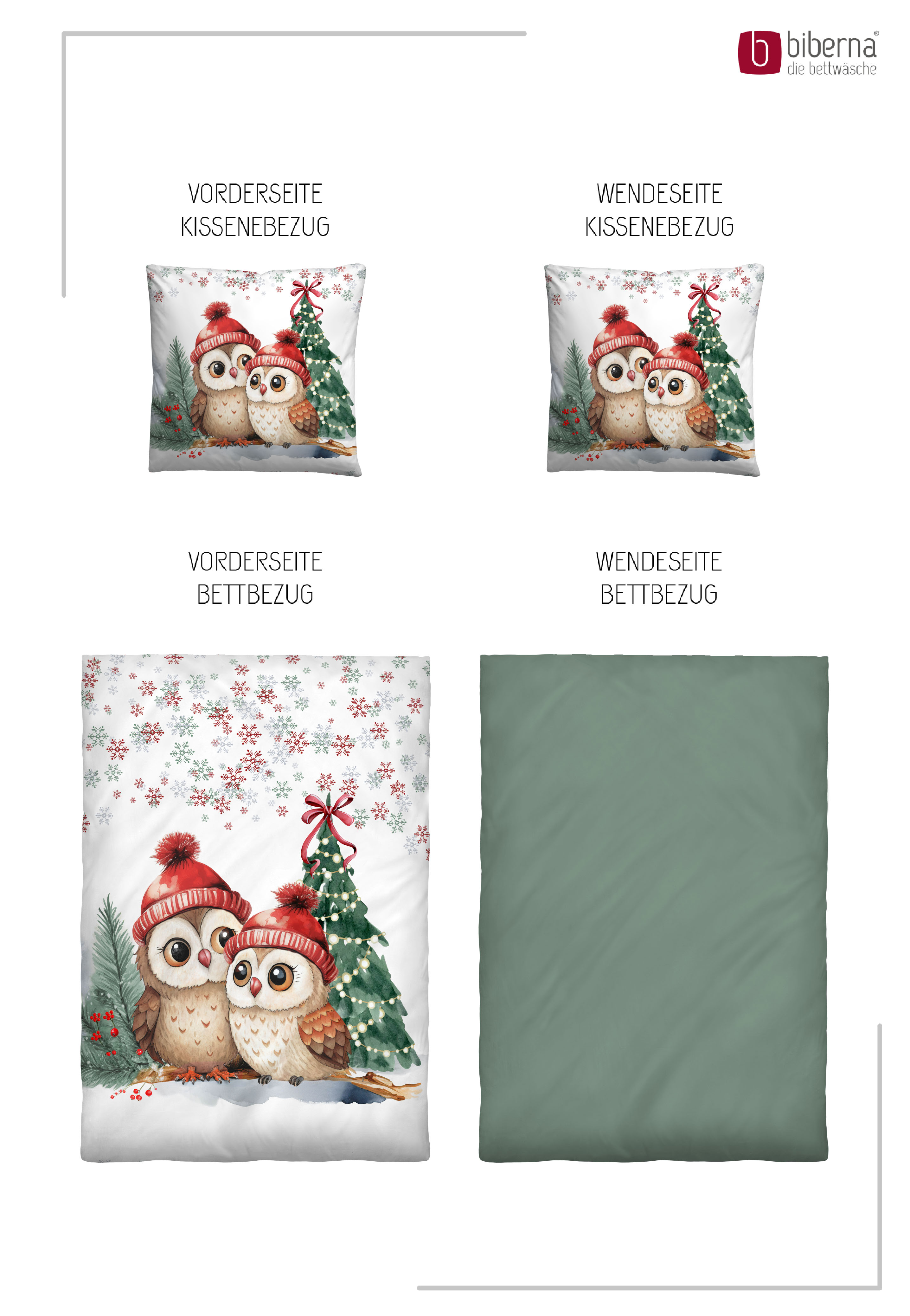 Biberna Eulen an Weihnachten 135x200 cm - tanne, Feinbiber-Bettwäsche