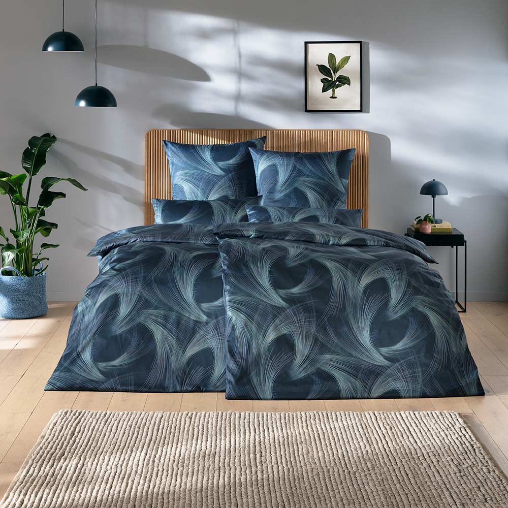Estella Mako-Satin-Bettwäsche Lino, Größe 135x200+80x80 cm+40x80 cm Kissenbezug, navy