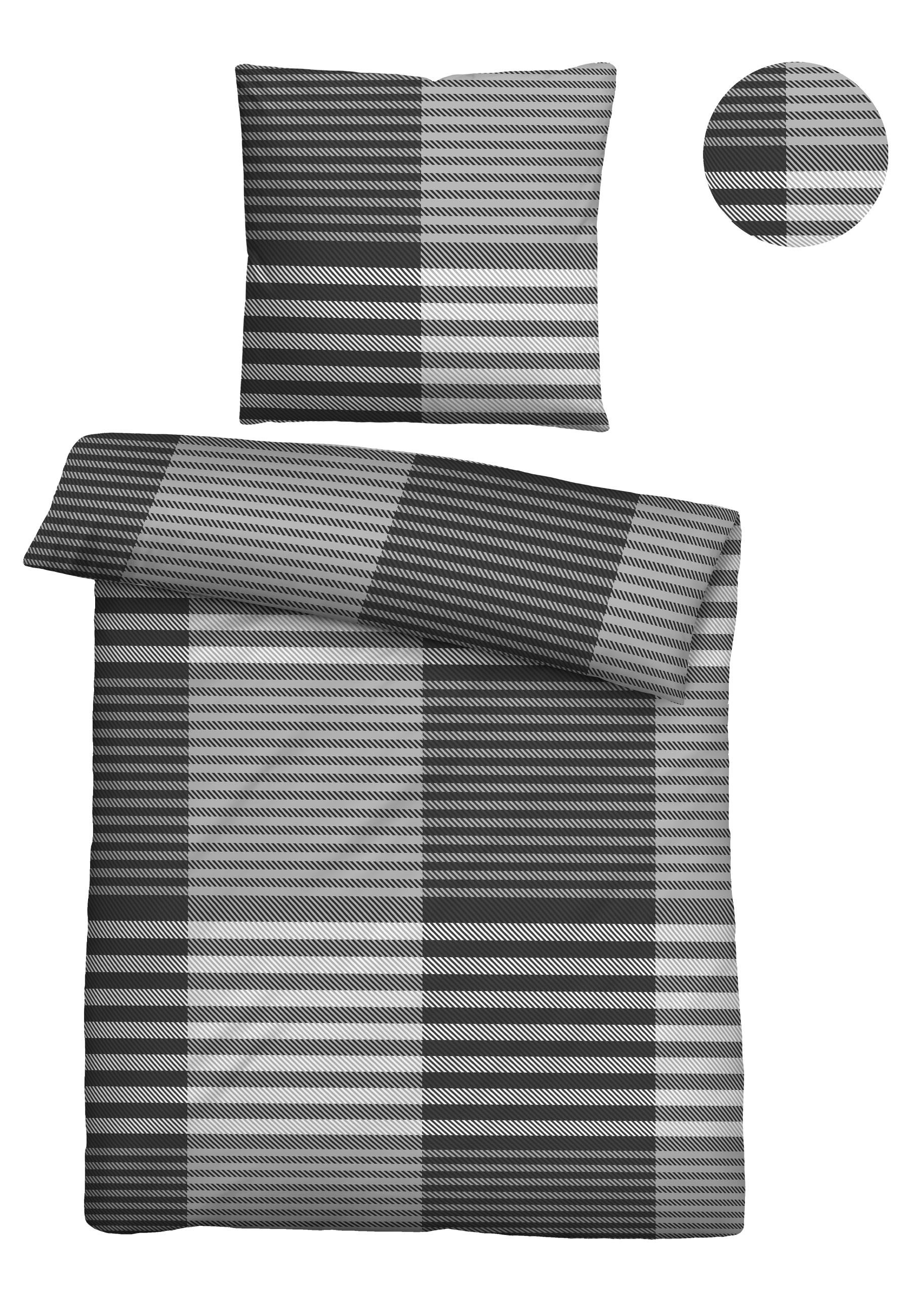 Biberna Karo-Streifen 135x200 cm+80x80 cm, Feinbiber Bettwäsche silber/grau