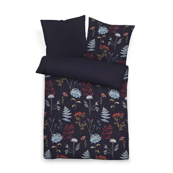 Biberna Mako Satin Wendebettwäsche Blumen, Größe 135x200/80x80 cm, blau