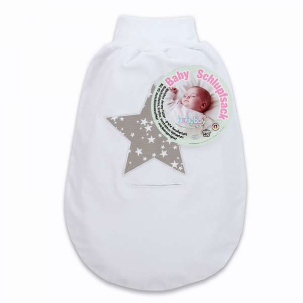 babybay Schlupfsack mit Gurtschlitz, weiß Applikation Stern taupe Sterne weiß