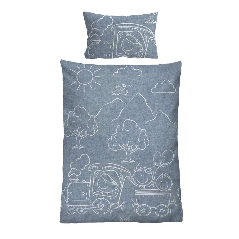 Biberna Melange Flanell-Wendebettwäsche Lokomotive, Größe 100x135 cm, blau