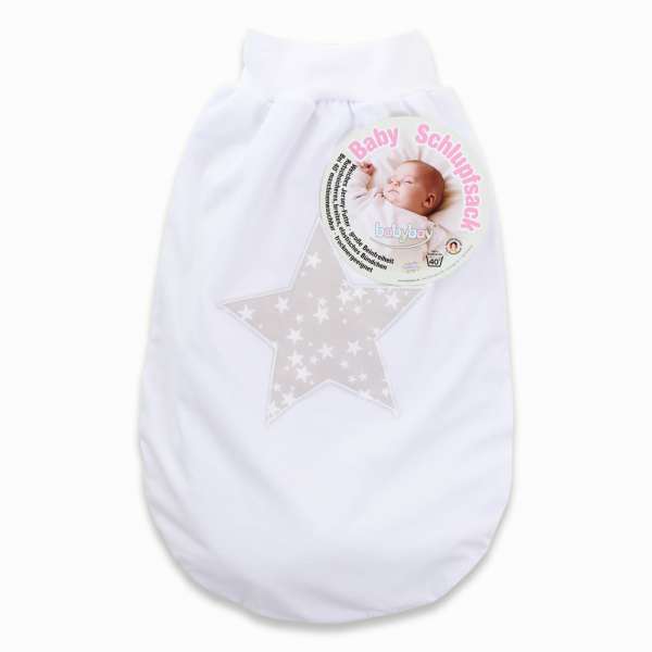 babybay Schlupfsack mit Gurtschlitz, weiß Applikation Stern perlgrau Sterne weiß