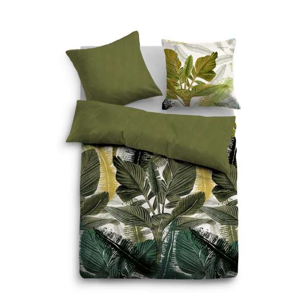 Tom Tailor Satin Bettwäsche Blätter, Größe 135x200/80x80 cm, grün
