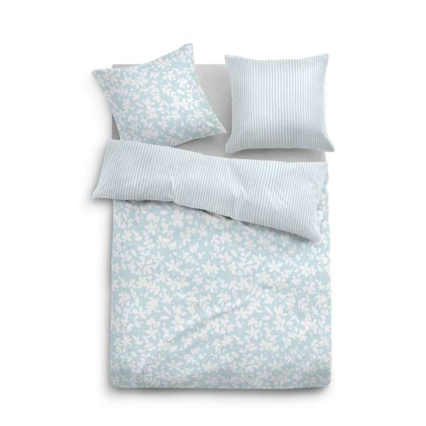 Tom Tailor Linon Wendebettwäsche Blätter-Streifen, Größe 135x200/80x80 cm, blau