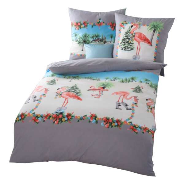 Kaeppel Biber Bettwäsche Tropical Winter, Größe 135x200+80x80 cm, platin Flamingo