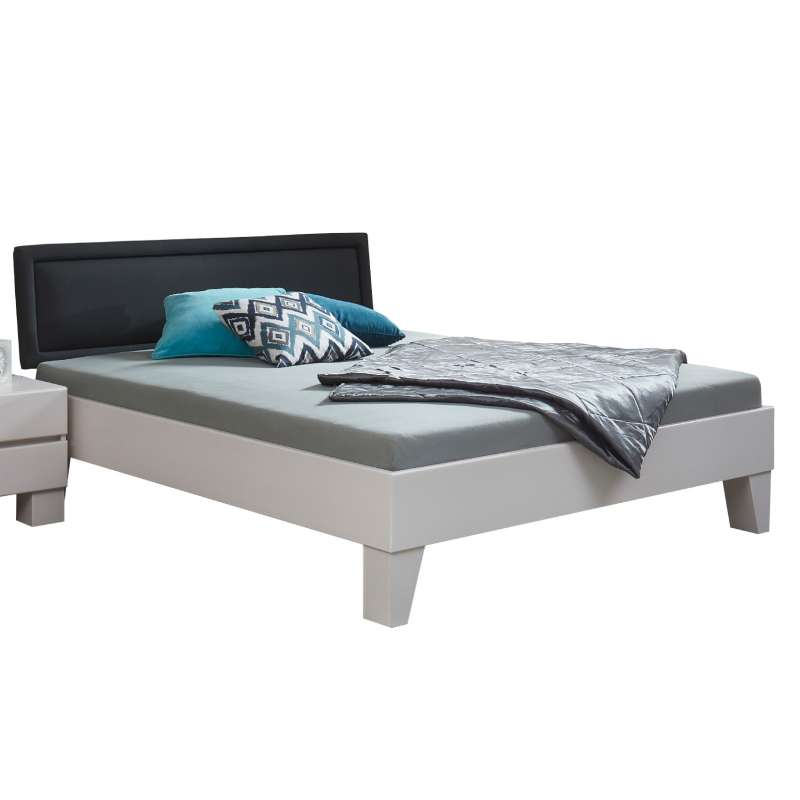 Bed Box Massivholz Bettrahmen Premium Barcelona Wildeiche grau mit Polsterkopfteil