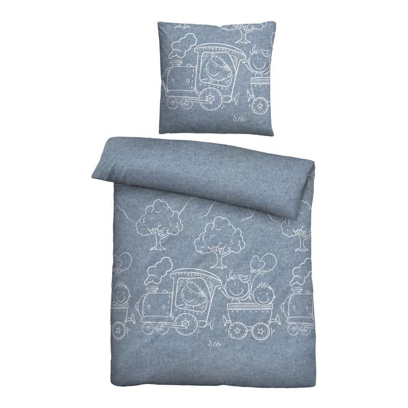 Biberna Melange Flanell-Wendebettwäsche Lokomotive, Größe 135x200 cm, blau