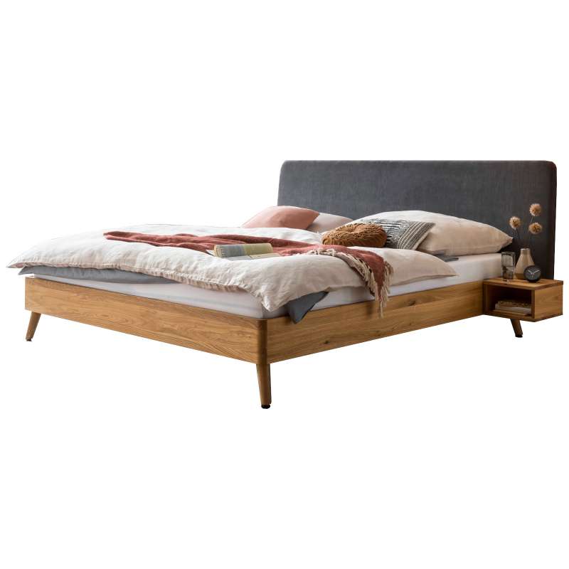 Bed Box Massivholz Bettrahmen Concept Line 100, Wildeiche geölt, Polsterkopfteil und Nachtkonsolen