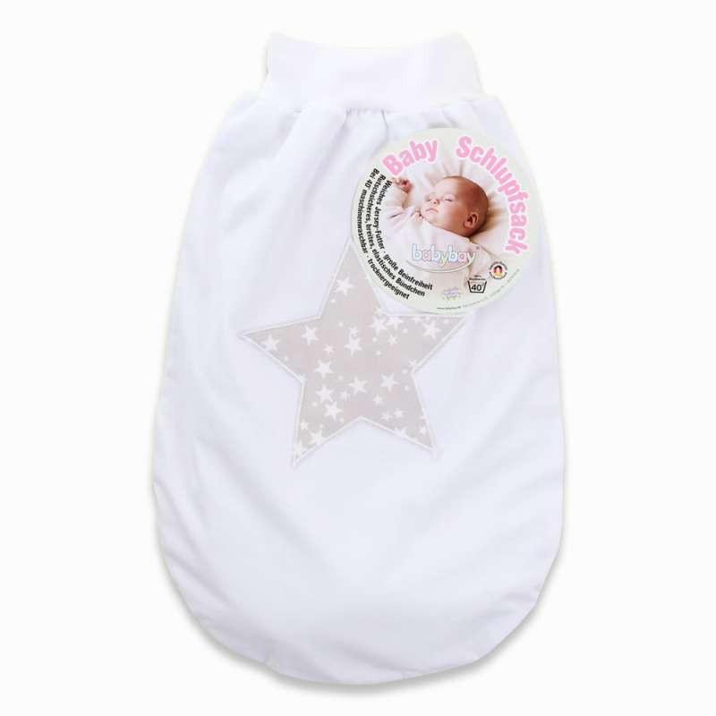 babybay Schlupfsack Organic Cotton mit Gurtschlitz, weiß Applikation Stern perlgrau Sterne weiß