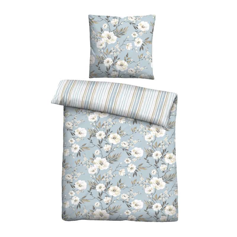 Biberna Baumwoll-Single-Jersey Bettwäsche Blumen und Streifen, Größe 135x200 cm, blau