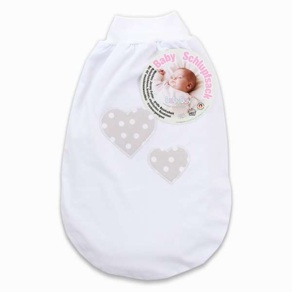 babybay Schlupfsack mit Gurtschlitz, weiß Applikation Herz perlgrau Punkte weiß