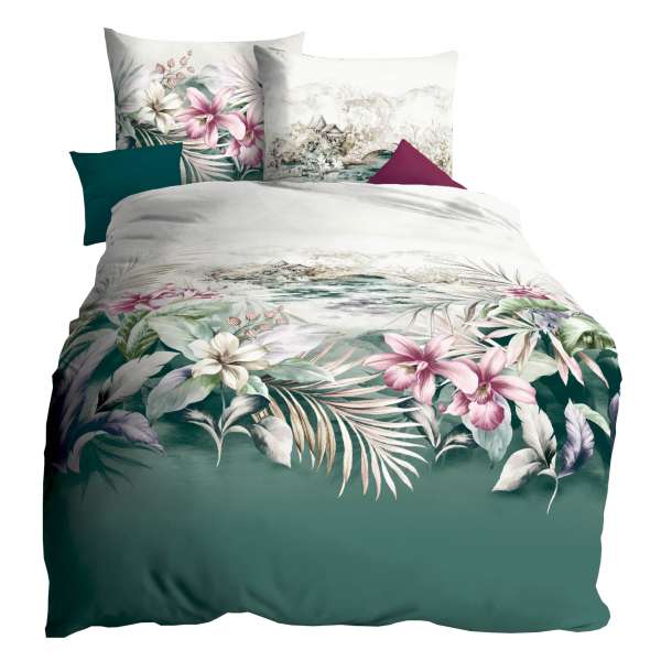 Kaeppel Mako Satin Bettwäsche Kimono, Größe 135x200+80x80 cm, smaragd