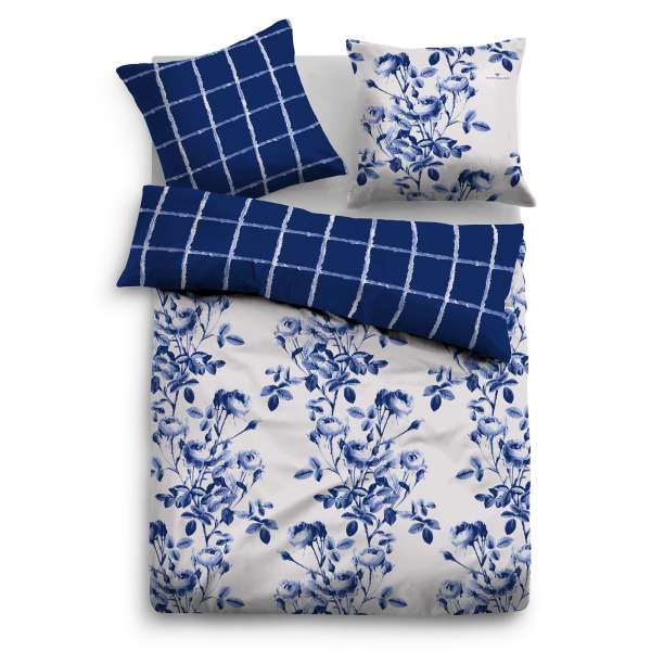 Tom Tailor Satin Wendebettwäsche Blätter-Karo, Größe 135x200 cm, blau