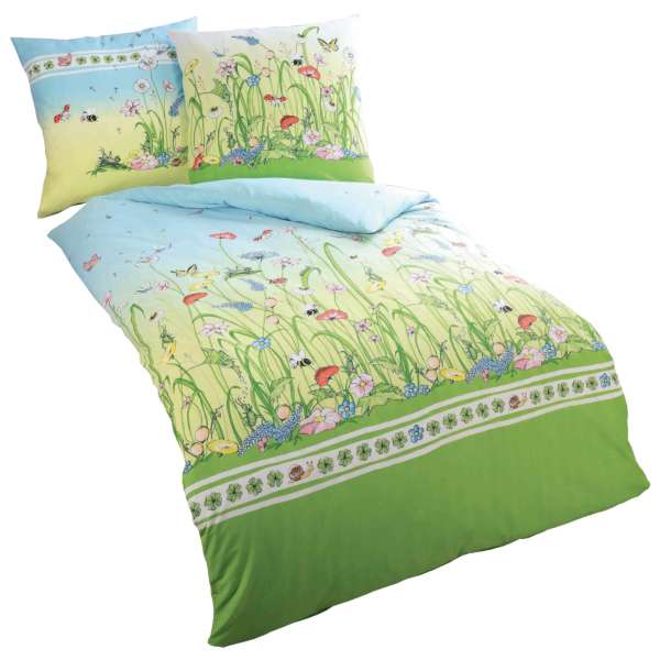 Kaeppel Junior Biber Bettwäsche Wiesenspaß, Größe 100x135+40x60 cm, grün