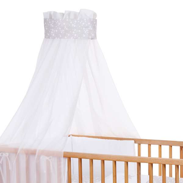 babybay Kinderbetthimmel Piqué mit Band perlgrau Sterne weiß